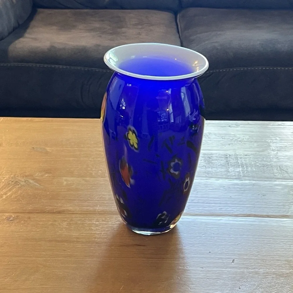 Cobalt Blue Art Glass Vase Floral Millefiori Murano Style White Rim 11